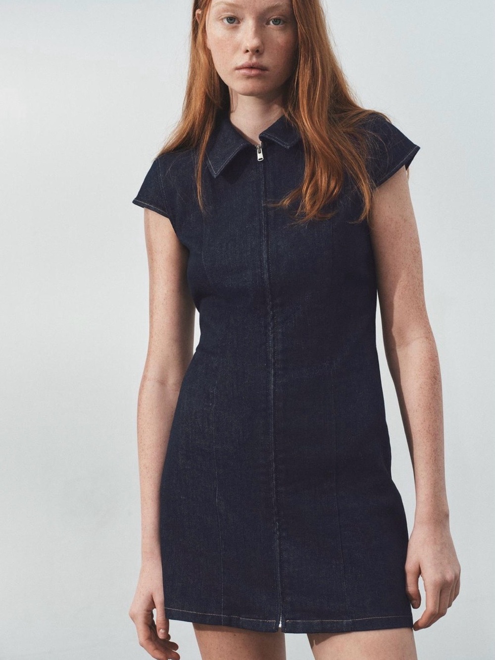 BNWT Zara TRF Blue Dark Wash Denim Zip Up Mini Dress